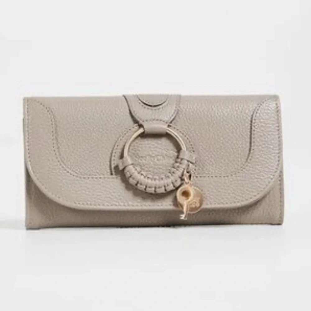 SEE BY CHLOÉ Hanna Continental Taupe Pebbled Leather Braid Gold Charm Wallet NWT